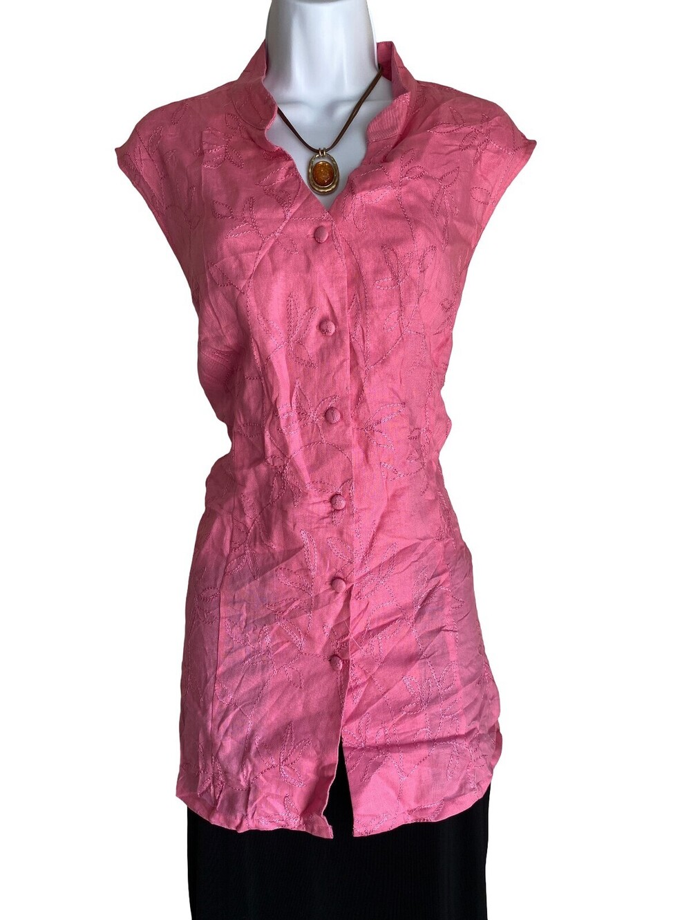 Linen VTG Carole Little Plus 2X Boho Pink Embroidered Button Up Tunic Blouse NWT